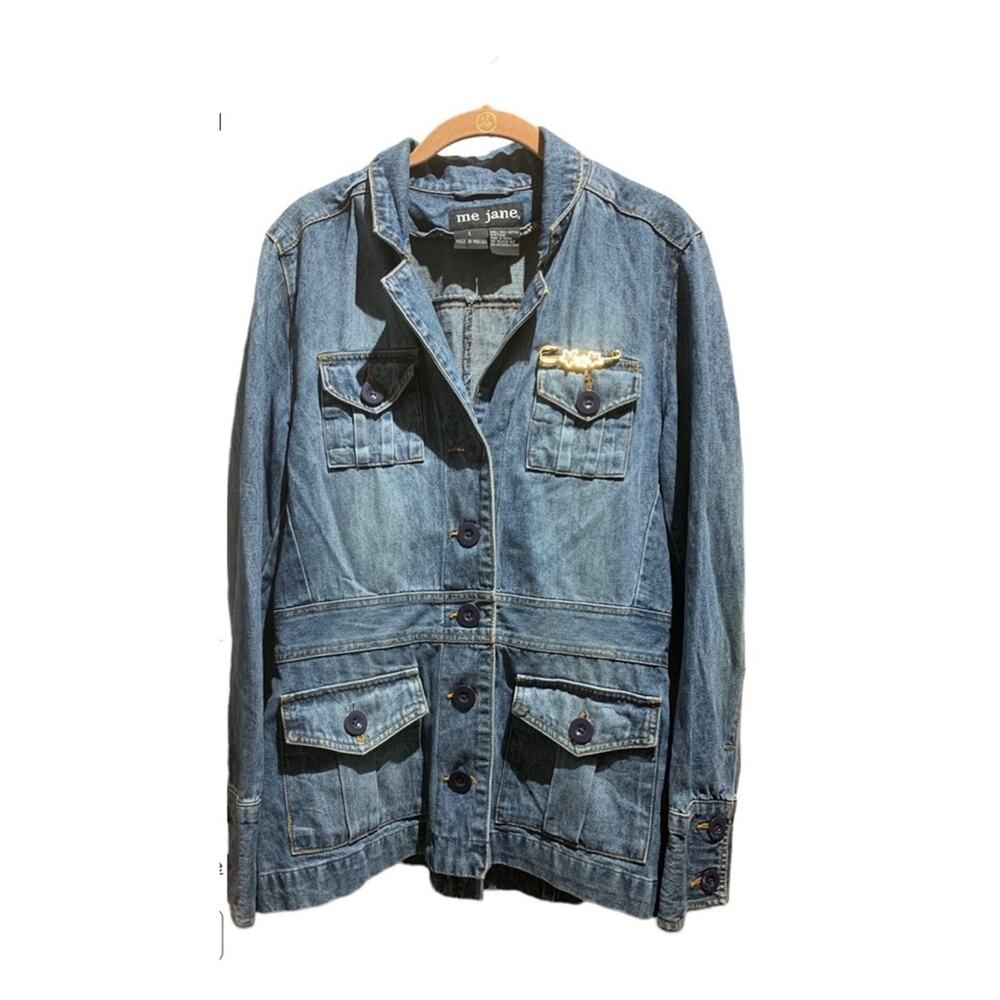 Me Jane - Denim Blue Jean jacket, hip length with tapered waist, vintage, Size:L